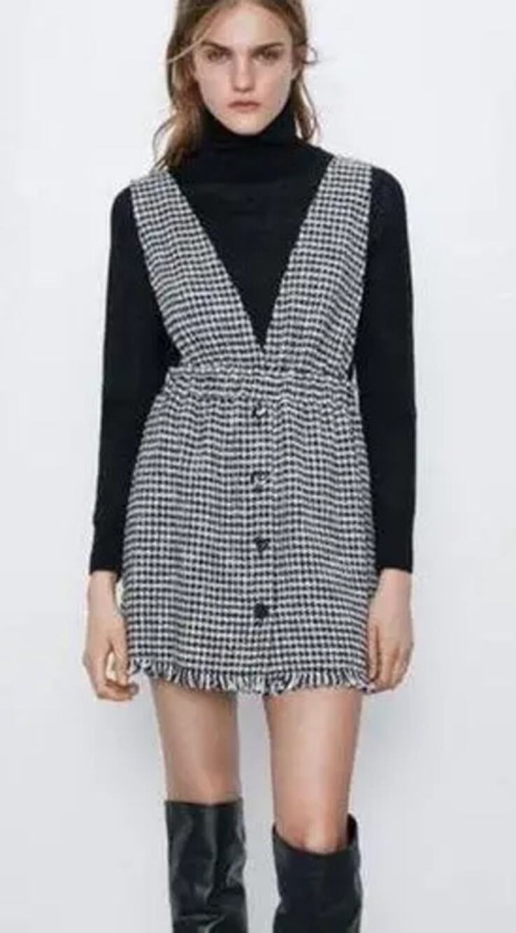 Zara Black White Tweed Button Front Sleeveless Pinafore Vest Mini Dress Size S